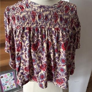 Free People Floral Smocked Blouse - Red and Purple